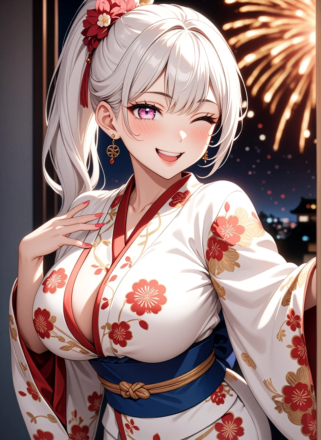 ((one personの女性)), Beautiful Face,Laughing in annoyance,((Wink:1.7)),Laughing with your mouth open,Bright red cheeks,Glossy pink lips,night,Superior Japanese room,firework,((Anime style background)),masterpiece, highest quality, so beautiful, Latest, Complex details, (Pink long nails),AI-generated, Complex,High resolution, highest quality, super high quality,3D Images、View your viewers、3D Images,one person,Long white hair,High Ponytail,blue eyes,Anime woman posing for a photo, ((Fine grain、Colorful eyes、Shining Eyes:1.1)),(Squint your eyes:1.1),a hyperRealistic , hyperRealistic , Realistic,Anime woman with long and white hair, Smooth anime CG art, A woman in a colorful kimono with gold embroidery, (White kimono),Red floral pattern,Long flower hair ornament,Big earrings,Mature Body,(Big Breasts:1.2),Tall,Big Ass,Fine details,Narrow waist,(Face close-up:1.5),Diagonal Background,Bending the hips