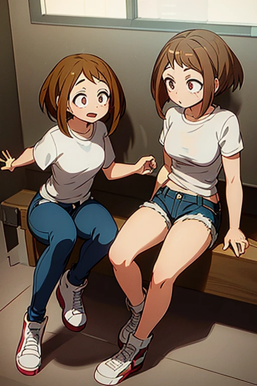 (\ochaco uraraka)/,(Character from the series Boku no hero academia),(\wearing)/,+,(Jeans shorts and a very sensual white t-shirt)