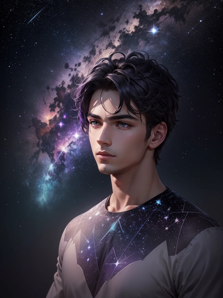 Orion constellation, double exposure, starry sky with many constellations, through the haze of the night sky you can see the face of a young man in Greek antique style, watercolor, emphasis on color, magical shades, purple, black, soft lilac, soft blue, mint, starry clusters of the Pleiades, starry sky, elongated star tracks, ultra-detailed, geometric style, ultra-realism, 256k, harmony, rich tones, panoramic professional photo, expressive, pen and ink drawing, realism