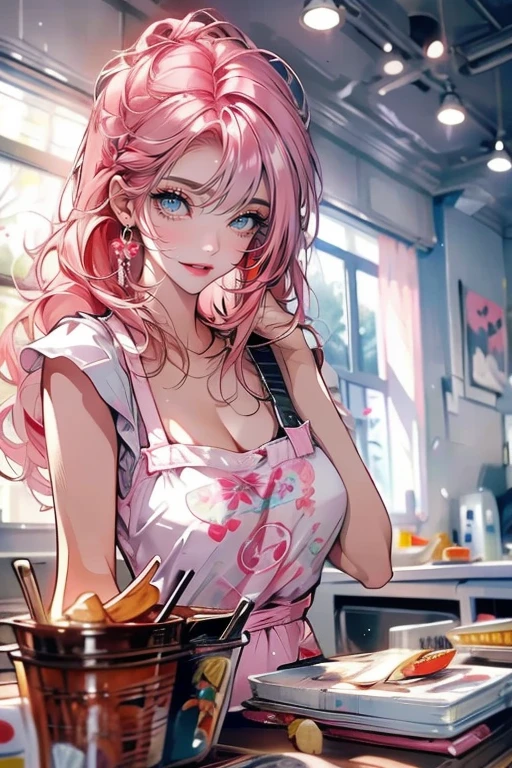 1girl,solo,cute,pink hair,big breast,cleavage,apron,in bedroom,in house
