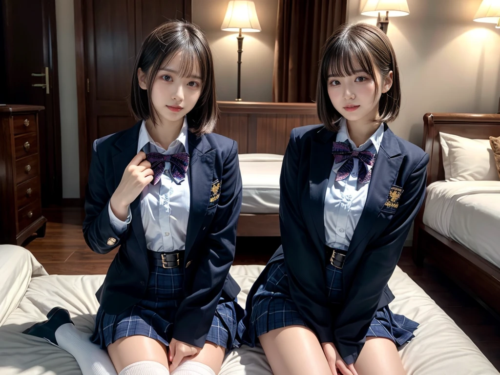 (8K, Raw photography, top-quality, masterpiece:1.2), master piece, best quality, illustration, Super detailed, fine details, High resolution, 8K,wall paper, perfect dynamic composition,(Details High quality, realistic depiction of eyes:1.3), ((2 girls, 2 schoolgirls)), The background is a luxury hotel room、High school girl uniform、blazer 、Super Short Check Uniform Skirt、Navy blue high socks、garterbelts、Colossal tits、Disturbed uniform, Play with each other,Touching each other's bodies,Touching the body of the girl next door, short bob hair, black hair color, huge breasts, Big Natural Color Lip, bold sexy pose, (perfect body shape), crying a little、Beautiful makeup,glitter makeup,Cutest 18 years old, beautiful legs, hposing Gravure Idol, Voluptuous thighs