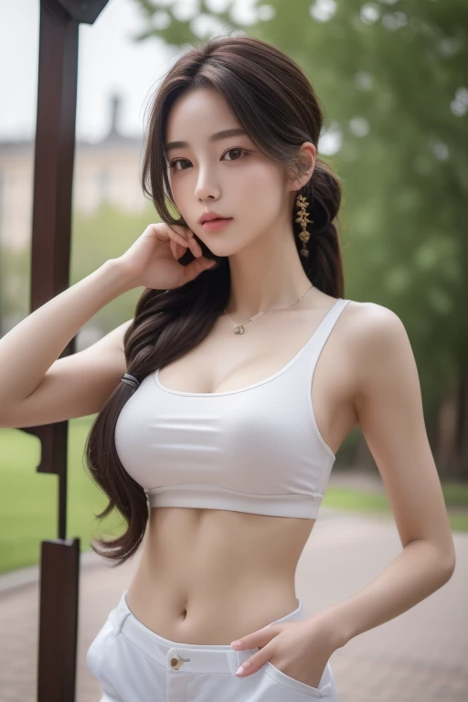 ((highest quality, 8k, masterpiece :1.3)), Three Girls, Beautiful woman with slim abdominal muscles :1.3, (Random Hairstyles, Huge breasts :1.2), Casual clothing :1.2, Outdoor, Highly detailed face, Fine grain, double eyelid