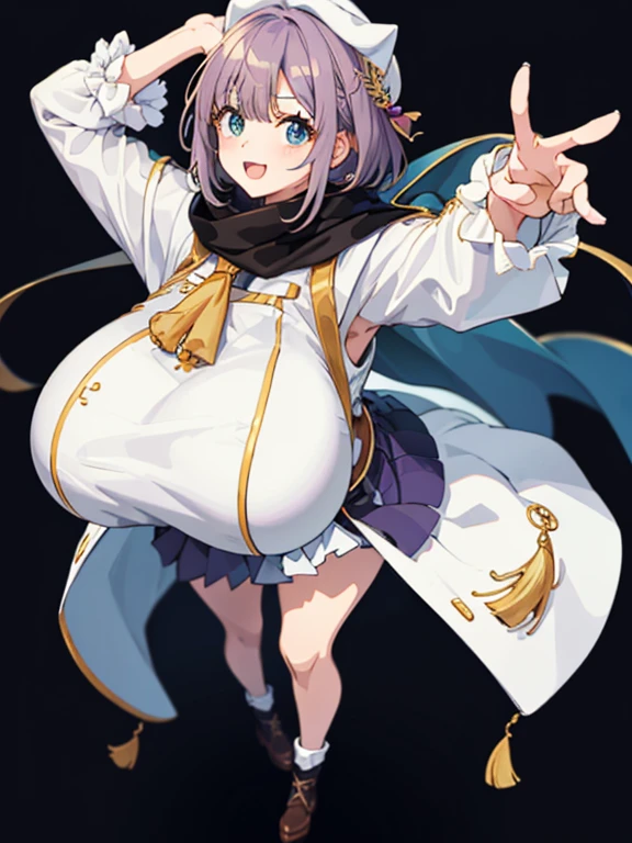 (​masterpiece、top-quality:1.2), Simple background, (full body:1.4), 1girl, Sumire Kaga, Virtual Youtuber, A smile, ((huge breasts, curvy, gigantic breasts, (gigantic breasts:1.2), gigantic sagging breasts)), Mouth closed, Look at viewers, short-hair, hair adornments, White cap, The shirt, Capelet, scarf、White panties、(((((anime styled)))))、(((kawaii)))