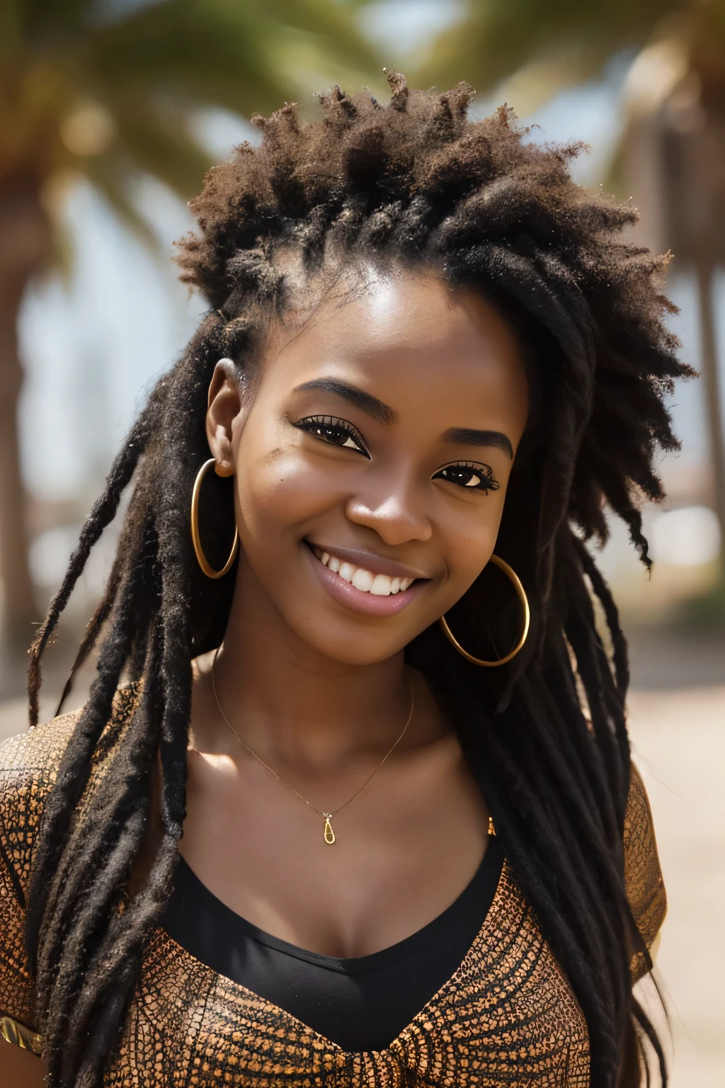 20A beautiful young woman、 (African woman, Black Hair、 An athletic body, Average breast size, Brown eyes, Skin beauty: 1.3), Dreadlocks、Ear piercing、blouse、smile, Beautiful teeth alignment、Intricate details, Very detailed:1.2), 、 Looking at the camera,Afro Hair