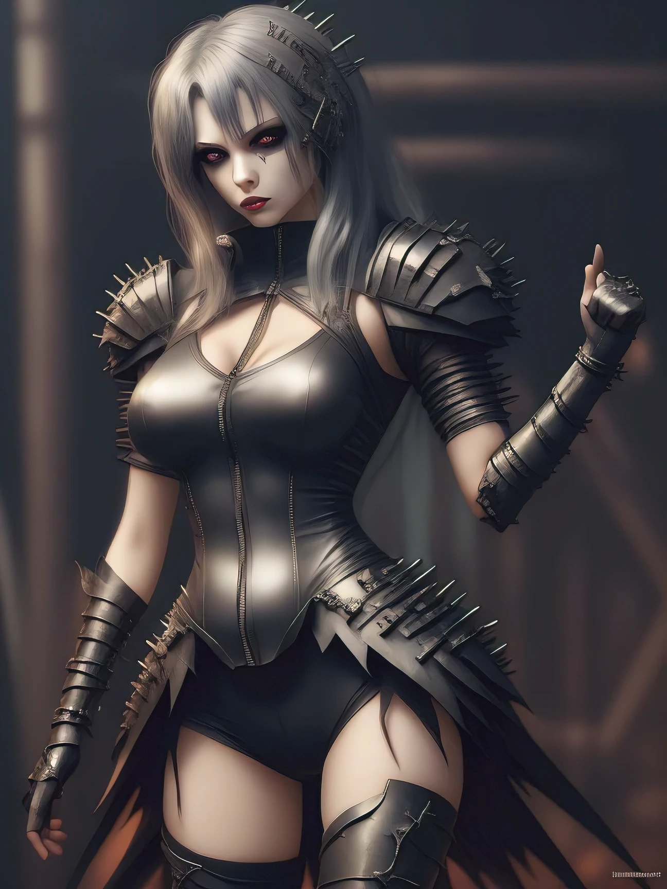 1 A woman wearing a MetalAI costume and holding a MetalAI guitar MetalAI MetalSinger, Ultra-realistic