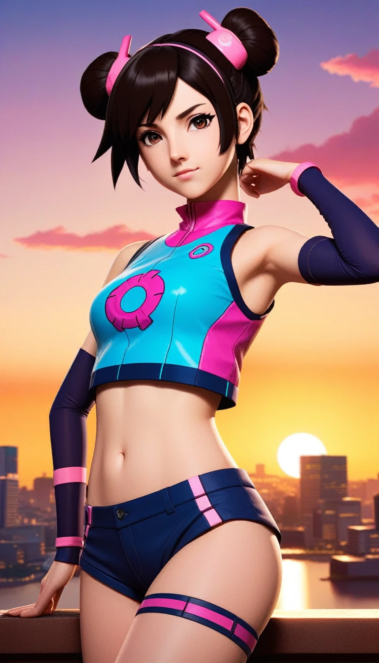 (8k), (best quality), (masterpiece:1.2), (realistic), (photorealistic:1.37), ultra-detailed, Faye Valentine, 1girl, green eyes, purple hair, medium breasts, cleavage, hairband, highleg, navel, panties, short hair, solo, yellow hairband, full body, wide shot, near a spaceship, natural skin, perfect hands, five fingers, (detailed eyes:1.2), (detailed face:1.2), (realism:1.2), (masterpiece:1.2), (best quality), (ultra detailed), (intricate), (85mm), (highly detailed:1.2), (gradients), sfw,