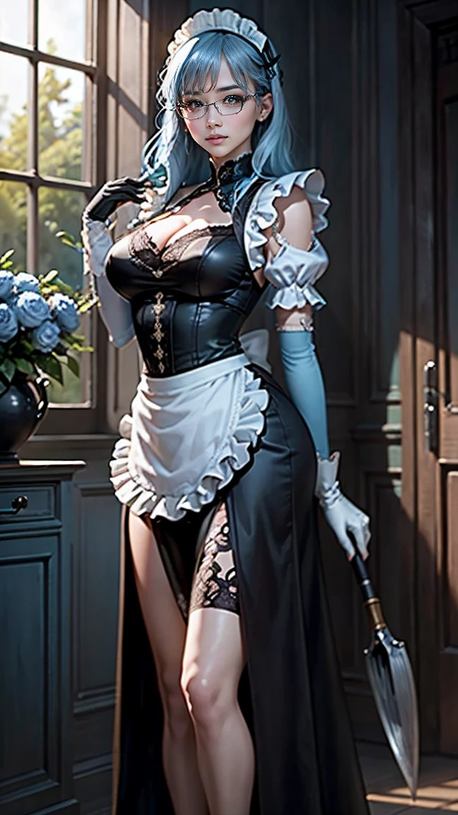 highest quality、masterpiece、8k、Realistic、超High resolution、Very delicate and beautiful、High resolution、Cinema Lighting、medium range shooting、Portraiture、Perfect female body、Slender physique:1.6、Opposition、Looking at the audience、((Maid from Another World、Black and white maid outfit:1.6、Lace Apron、Frilled head dress、White gloves、Glasses、Neat hairstyle))、(Light blue hair:1.6、Big Breasts:1.4)、A kind smile、Sharp insight、Cleaning tools、Silver tray、Polite gestures、Clean shoes、Excellent customer service skills、Secret Undercover Job、Magical Power、Faithful Service、Intricate embroidery、Pocket Watch、Otherworldly Mansion、Elegant behavior、Archaic language、Sturdy shoes、Custom made uniforms、Soft voice、Magic Items、classy attitude、Green garden、Night Patrol、Quiet footsteps、Loyal Family Protector。