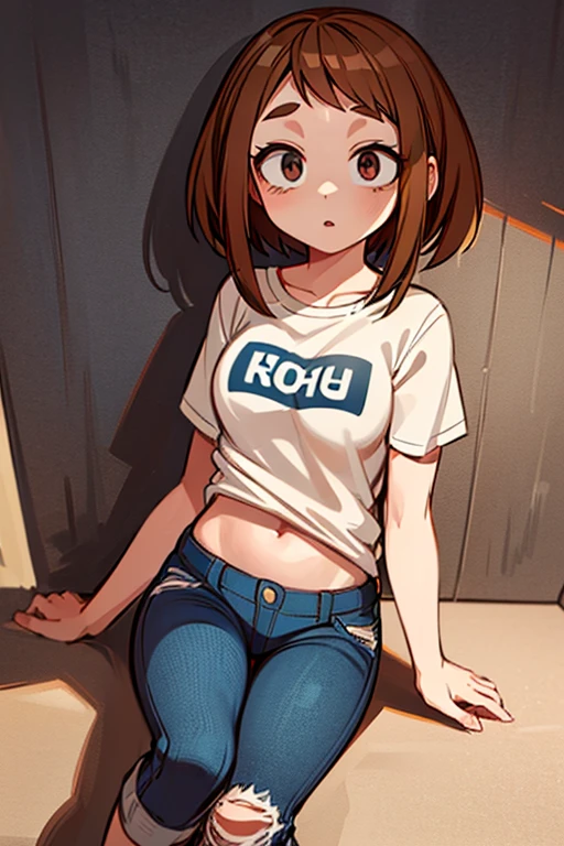 (\1girl)/,(\Alone)/,(\ochaco uraraka)/,(Character from the series Boku no hero academia),(\wearing)/,+,(Jeans shorts and a very sensual white t-shirt)