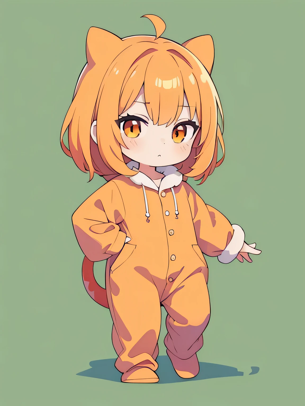 1girl, light orange hair,dark orange eyes,light orange T-rex dinosaur onesie pajamas, chibi, full body, green background only, Without background, Simple background,shoot from front, looking at viewer