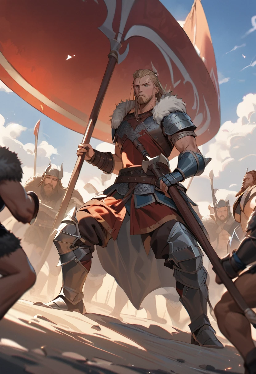 (masterpiece, best quality:1.1),
(ultra highres, ultra-detailed:1.2) ,Ragnar Lothbrok,Viking,detailed face,Viking axe,Fur-lined armor,He leads his allies in fighting the enemy,Full Body,A few friends,dynamic action,Ancient English beaches,depth of field,portrait,sharp,