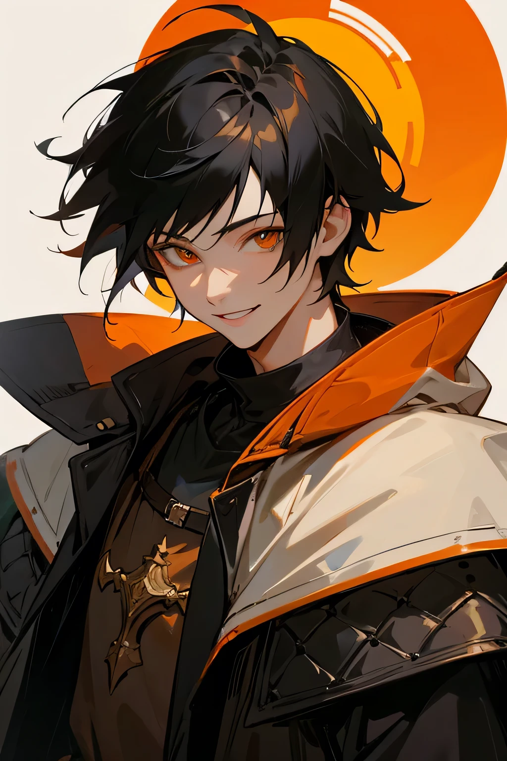 orange eye,portrait,Black hair with white highlights,youngboy,orage,Middle Ages,smile,25 age,middle ages jacket,final fantasy