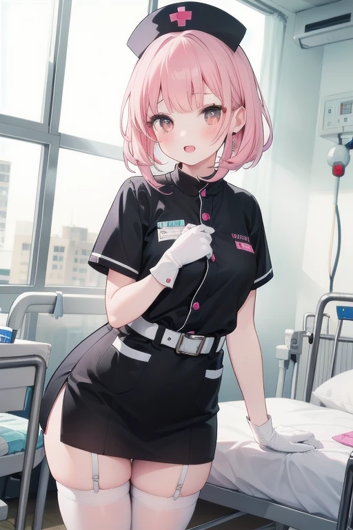 1girl, solo, nurse, nurse cap, white wear, ((white legwear, zettai ryouiki)), white gloves, pink hair,  drooping eyes, ((covered nose)), standing, ((hospital room)), sharp outline, short sleeves, best quality, masterpiece，Fleshy，Brown eyes，Fleshy，Black hair，happy，lol，Heart，belt，Black clothes，Exposing underwear，Black lingerie，miniskirt