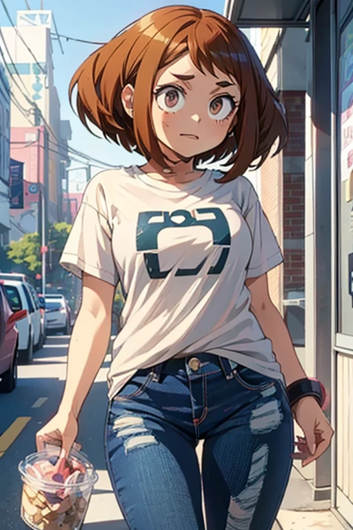 (\1girl)/,(\Alone)/,(\ochaco uraraka)/,(Character from the series Boku no hero academia),(\wearing)/,+,(Jeans shorts and a very sensual white t-shirt)