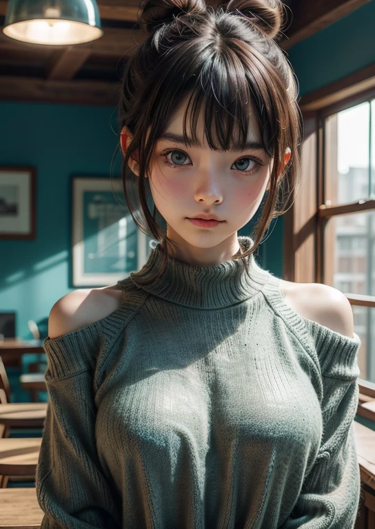 (((Upper body shot，Close-up photo)))、(((Shoulder-length brown straight hair，With bangs，Bun hairstyle)))、(((Against a light interior background)))、(((Turquoise Summer Sweater)))、18 years old、angry girl、D cup breasts、Dot protrusion on chest、Light eye makeup、Ultra-realistic faces、High resolution 16K、Skin texture must be natural、Use natural light and color、 High-quality photos taken by model agencies.