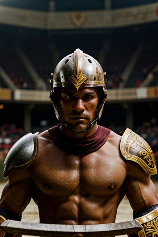 1man, solo, portrait muscular gladiatorarmor man wear a full face helmet in arena, gladiator, armor strap, ornate, details, blood, debris, realistic, photography, blurry background, softfocus, bokeh,