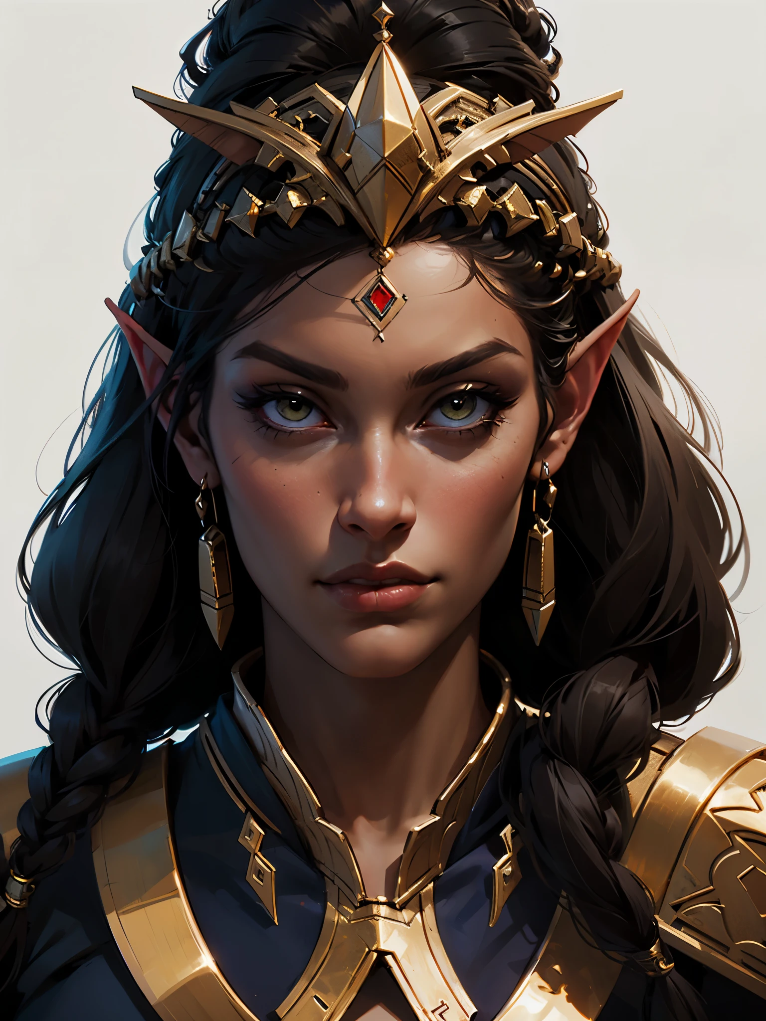 1person, Female night elf, dark skin, white braided hair, (no pupils:1.1), Cleopatra inspired clothing, DnD character art, Baldur's Gate, plain white background, front view, dynamic pose, three-quarter body portrait, detailed, realistic, concept art