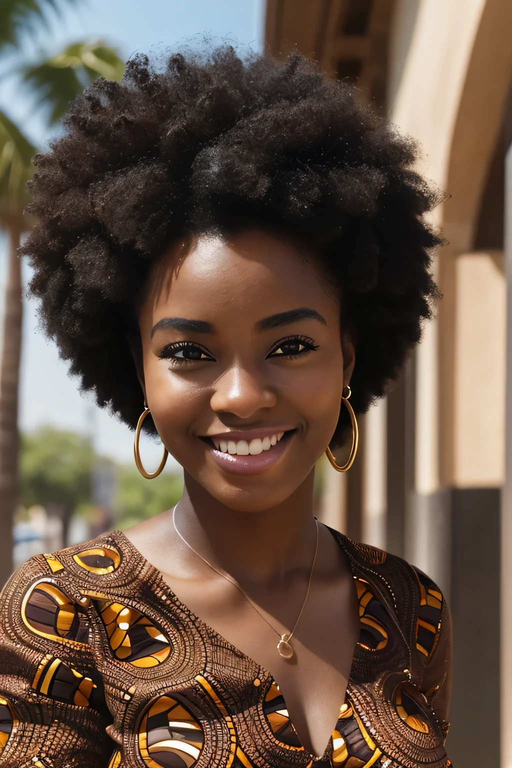 ２０A beautiful young woman、 (African woman, Black Hair、 An athletic body, Average breast size, Brown eyes, Skin beauty: 1.3), 、Ear piercing、blouse、smile, Beautiful teeth alignment、Intricate details, Very detailed:1.2), 、 Looking at the camera,Afro Hair