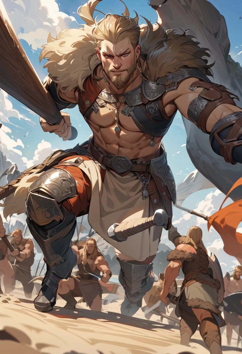 (masterpiece, best quality:1.1),
(ultra highres, ultra-detailed:1.2) ,Ragnar Lothbrok,Viking,detailed face,Viking axe,Fur-lined armor,He leads his allies in fighting the enemy,Full Body,A few friends,dynamic action,Ancient English beaches,depth of field,portrait,sharp,