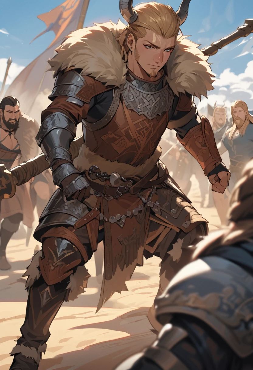 (masterpiece, best quality:1.1),
(ultra highres, ultra-detailed:1.2) ,Ragnar Lothbrok,Viking,detailed face,Viking axe,Fur-lined armor,He leads his allies in fighting the enemy,Full Body,A few friends,dynamic action,Ancient English beaches,depth of field,portrait,sharp,