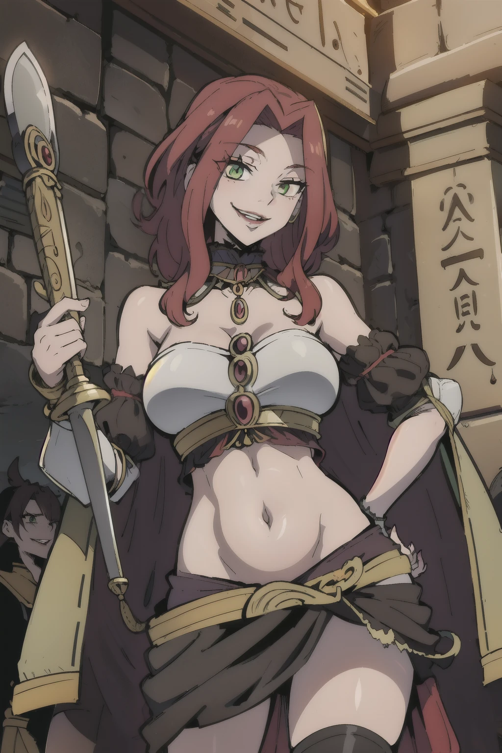 bitch medium breasts, red hair, beautiful face, green eyes, evil smile, blush, lipstick, evil smile, masterpiece, best quality, highly detailed ,glint,halterneck,gold_choker, complex detailed background,
inside, stone wall, ancient interior, ancient egyptian room, hieroglyphs, dark lighting, dark
atmosphere, (cowboy shot), holding a sword, sword, belly_chain,harem_outfit,navel, necklace,
pelvic_curtain,revealing_clothes, veil,masterpiece,best quality,1girl,mature,evil smile, smile,
female,mature,necklace,pendant, (nsfw) not safe for work, exposed belly, exposed navel, exposed
midriff, exposed lower belly
