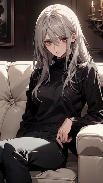 (Confused, High resolution, Very detailed), 1 female, Silver Hair,Long Hair,Reddish-brown eyes,Black sweater,Jacket,Black skinny pants,24th generation,beauty,mature,thin,quiet,Calm,Talking,sofa,Mug