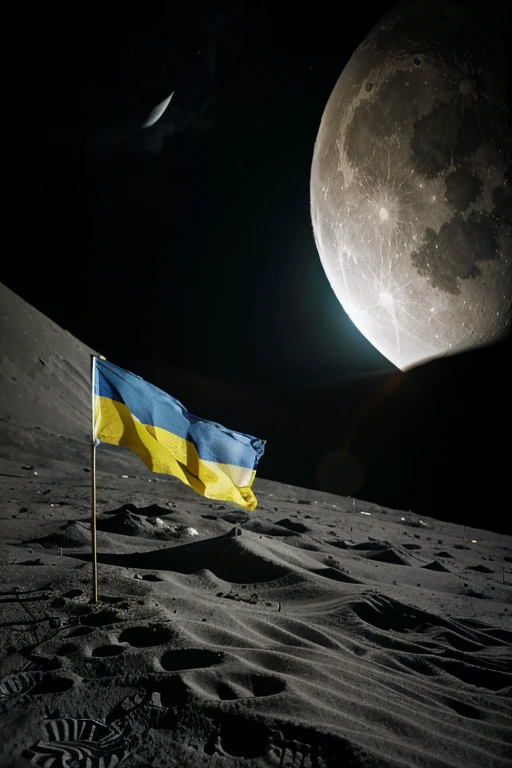 Ukrainians on the Moon. Ukrainian state flag. Fantastic landscape. Close up