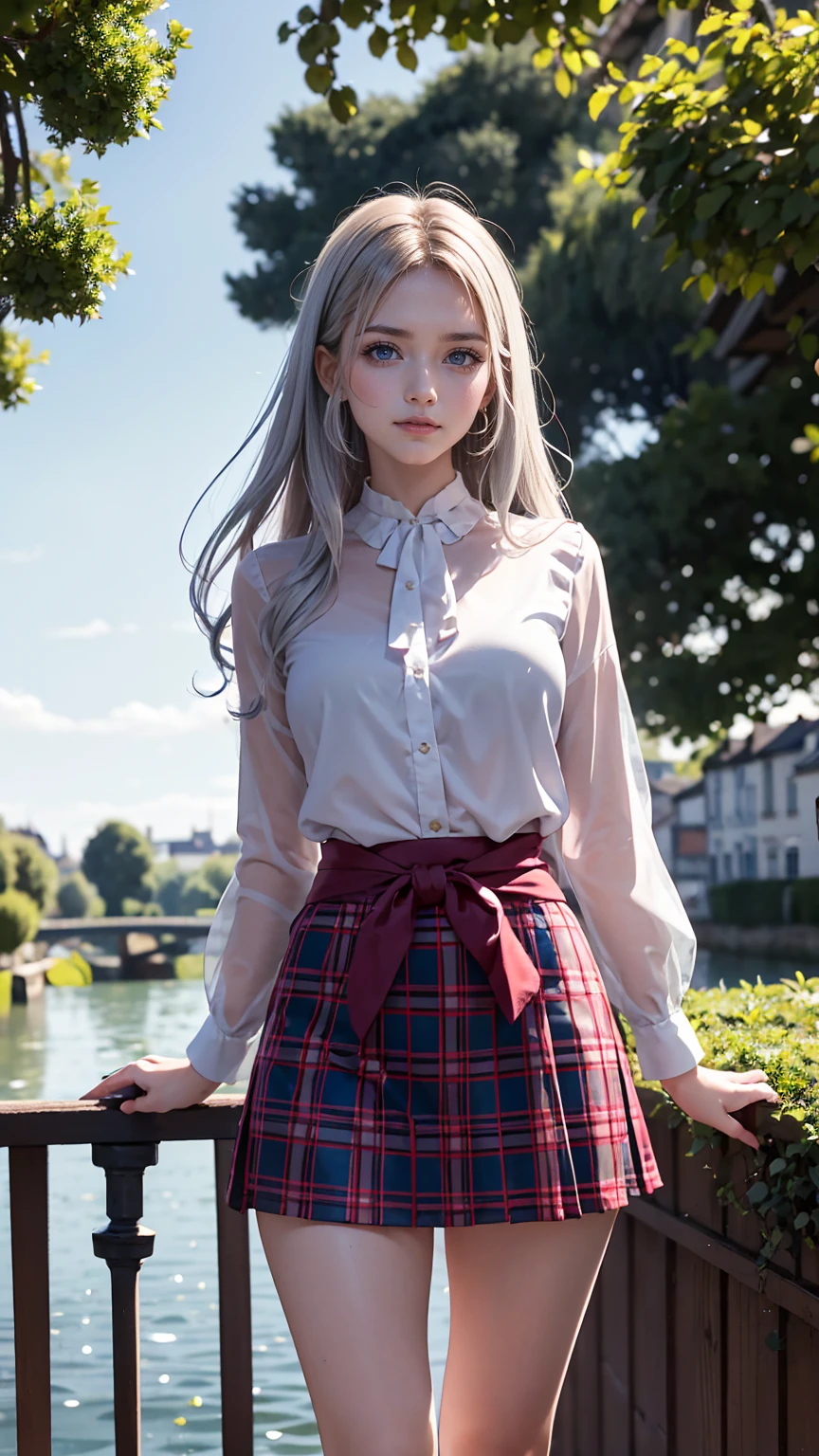 Claude Monet((Claude Monet))、Argenteuil riverside promenade、White woman、Wearing a red tartan mini skirt、Wearing a floral blouse、Silver Hair、blue eyes、Straight long hair_Hair reaching down to the waist、A shy smile