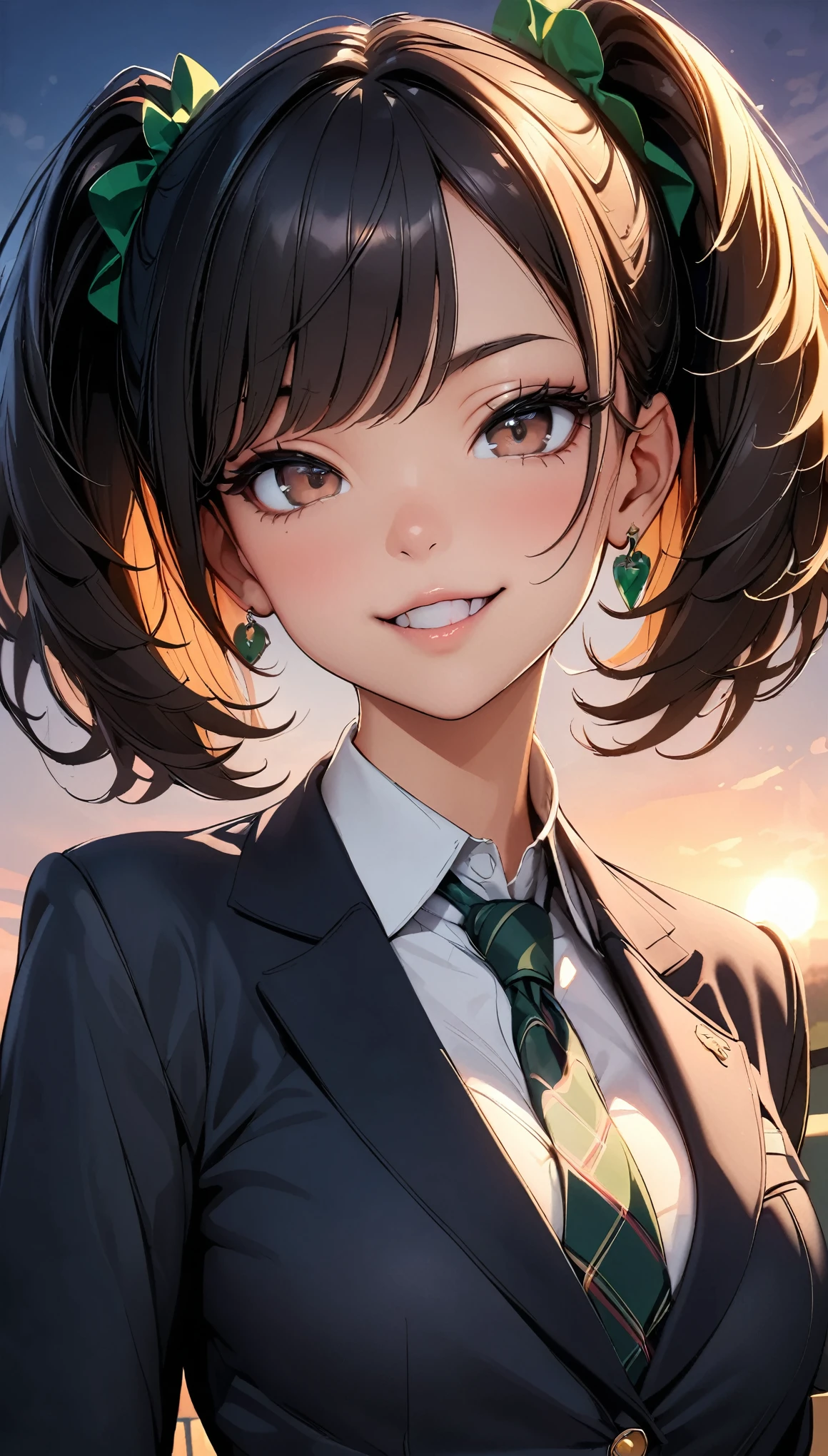 (highest quality:1.2, 4K, 8k, Very detailed, up to date, Vibrant, High detail, masterpiece:1.2, highest quality, Best aesthetics), (((1 girl))), jk, ((Black Hair, Twin Drill)), Brown Eyes, (Sharp Face), Glossy lips, smile, clavicle, Pretty face, (Small face), Beautiful Eyes, Long eyelashes, thin, Checkered pleated skirt:1.5, Green tie:1.5, Dark blue blazer, (Private School Uniforms), School classroom, evening, Illuminated by the setting sun, Dynamic Angle, Soft lighting,