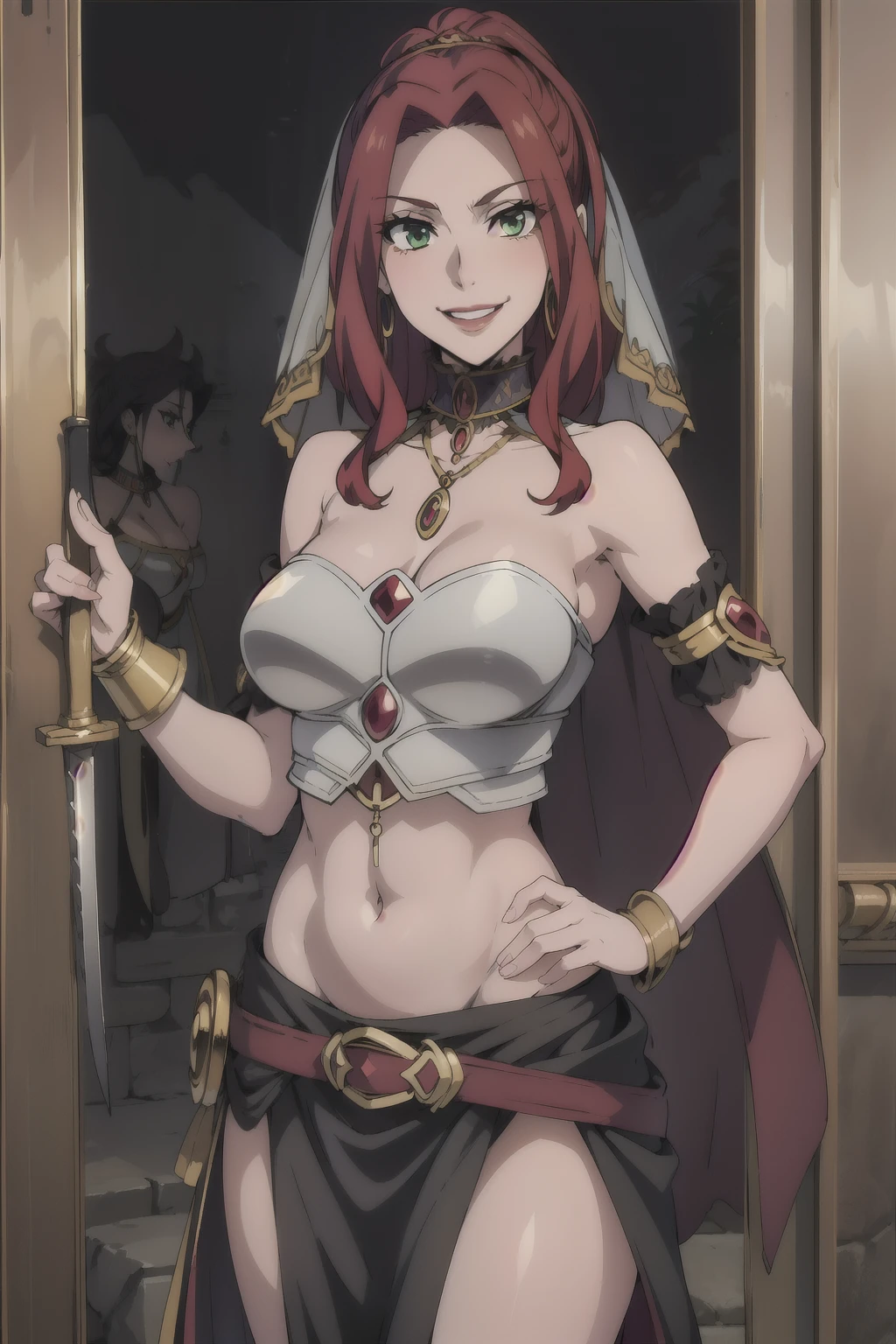 bitch medium breasts, red hair, beautiful face, green eyes, evil smile, blush, lipstick, evil smile, masterpiece, best quality, highly detailed ,glint,halterneck,gold_choker, complex detailed background,
inside, stone wall, ancient interior, ancient egyptian room, hieroglyphs, dark lighting, dark
atmosphere, (cowboy shot), holding a sword, sword, belly_chain,harem_outfit,navel, necklace,
pelvic_curtain,revealing_clothes, veil,masterpiece,best quality,1girl,mature,evil smile, smile,
female,mature,necklace,pendant, (nsfw) not safe for work, exposed belly, exposed navel, exposed
midriff, exposed lower belly