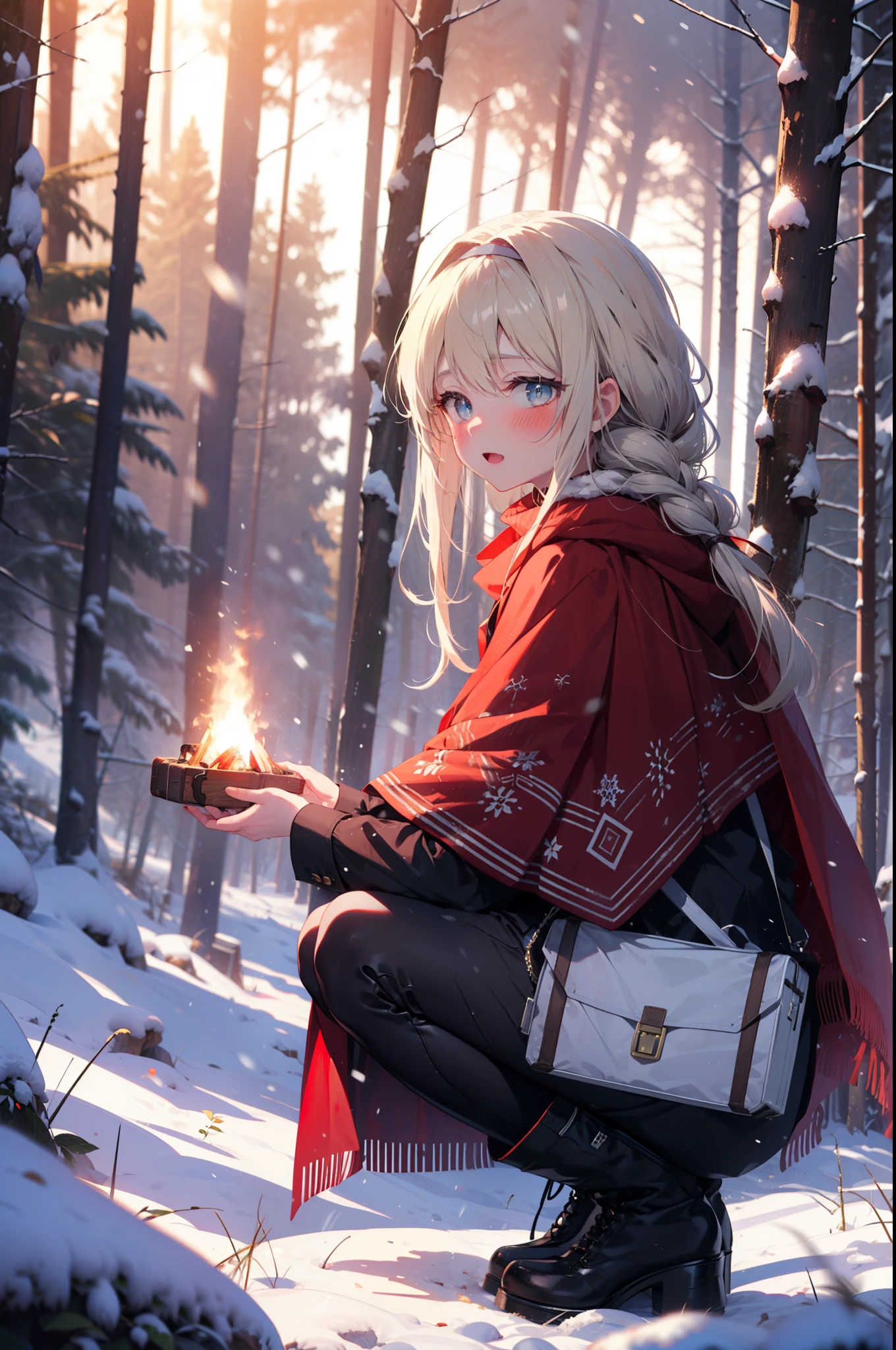 Arisburg, Alice Zuberg, bangs, blue eyes, blonde, Hair between the eyes, Very long hair, hair band, white hair band,smile,blush,White Breath,
Open your mouth,snow,Ground bonfire, Outdoor, boots, snowing, From the side, wood, suitcase, Cape, Blurred, forest, White handbag, nature,  Squat, Mouth closed,Cape, winter, Written boundary depth, Black shoes, red Cape break looking at viewer, Upper Body, whole body, break Outdoor, forest, nature, break (masterpiece:1.2), highest quality, High resolution, unity 8k wallpaper, (shape:0.8), (Beautiful and beautiful eyes:1.6), Highly detailed face, Perfect lighting, Extremely detailed CG, (Perfect hands, Perfect Anatomy),