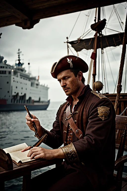 Cinematic style, Julius Caesar writing poetry on a pirate ship, ornate, details, blood, debris, realistic, photography, blurry background, softfocus, bokeh,