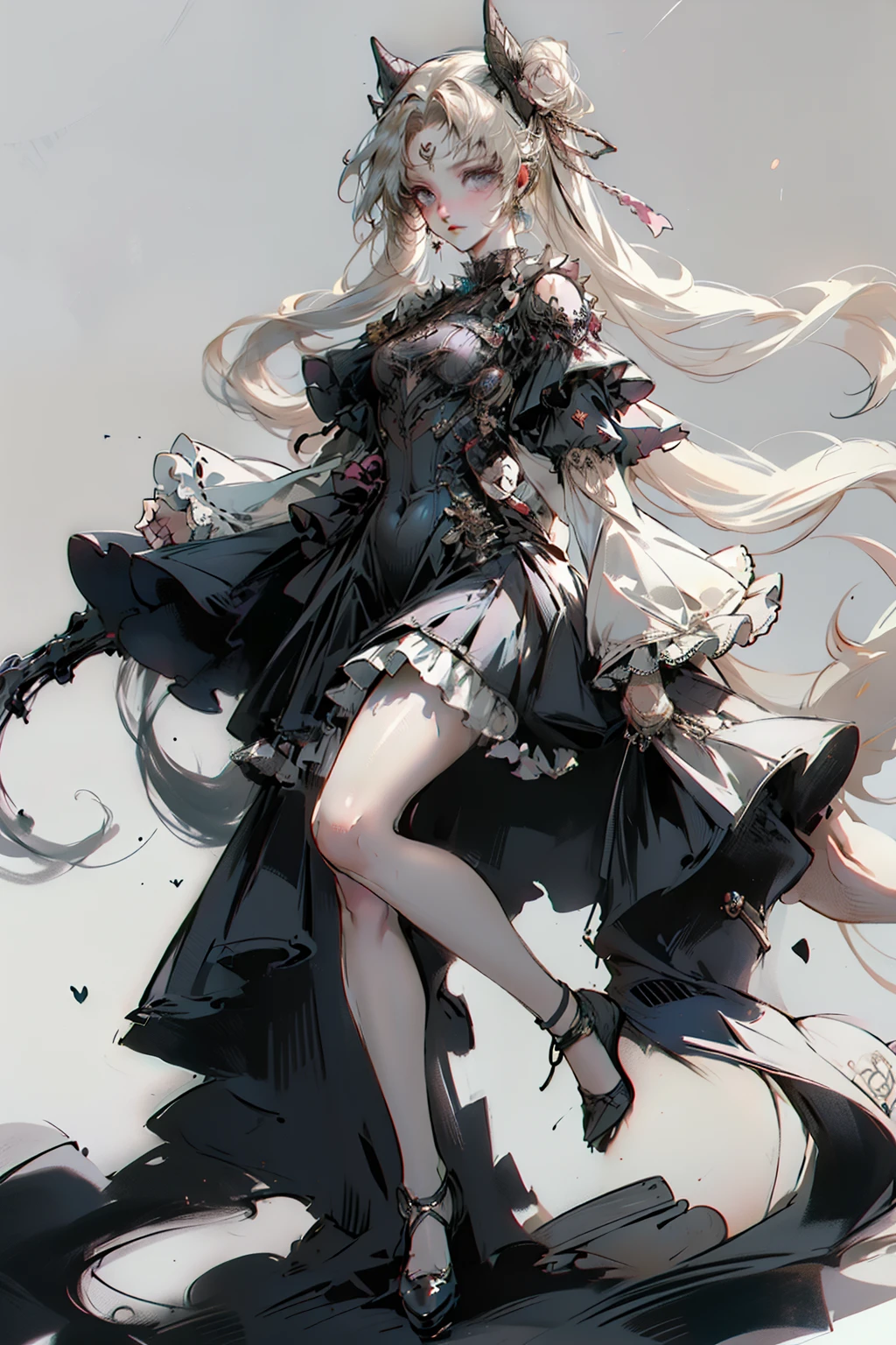 ((best quality)), ((masterpiece)), (detailed), blank white background, plain background, white background, Bloodborne inspired, occult aesthetic, occult, detailed and intricate steampunk and detailed gothic, NSFW, Very dramatic and cinematic lighting, cosmic horror, grim-dark, side-lighting, perfect face, NSFW, Fluttering lace flared long knee length dress with frilly petticoats, knee length dress, pleated petticoats, lolita dress, petticoats gothic lolita, side-lighting, gothic lolita aesthetic, beautiful small breasts, small breasts, full body, whole body, body, plain background, white background, blank background, no background, white background NSFW, full body, whole body, head-to-toe