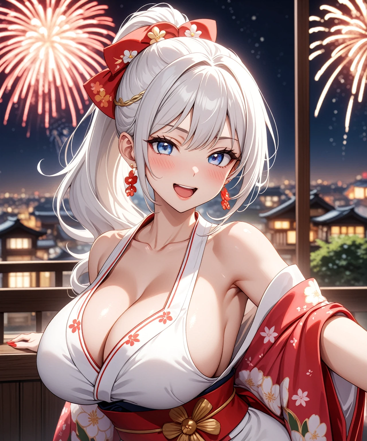 ((one personの女性)), Beautiful Face,Laughing in annoyance,((Wink:1.7)),Laughing with your mouth open,Bright red cheeks,Glossy pink lips,night,Superior Japanese room,firework,((Anime style background)),masterpiece, highest quality, so beautiful, Latest, Complex details, (Pink long nails),AI-generated, Complex,High resolution, highest quality, super high quality,3D Images、View your viewers、3D Images,one person,Long white hair,High Ponytail,blue eyes,Anime woman posing for a photo, ((Fine grain、Colorful eyes、Shining Eyes:1.1)),(Squint your eyes:1.1),a hyperRealistic , hyperRealistic , Realistic,Anime woman with long and white hair, Smooth anime CG art, A woman in a colorful kimono with gold embroidery, (White kimono),Red floral pattern,Long flower hair ornament,Big earrings, Body,(Big BrTall,Big Ass,Fine details,row waist,(Face close-up:1.5),Diagonal Background,Bending the hips