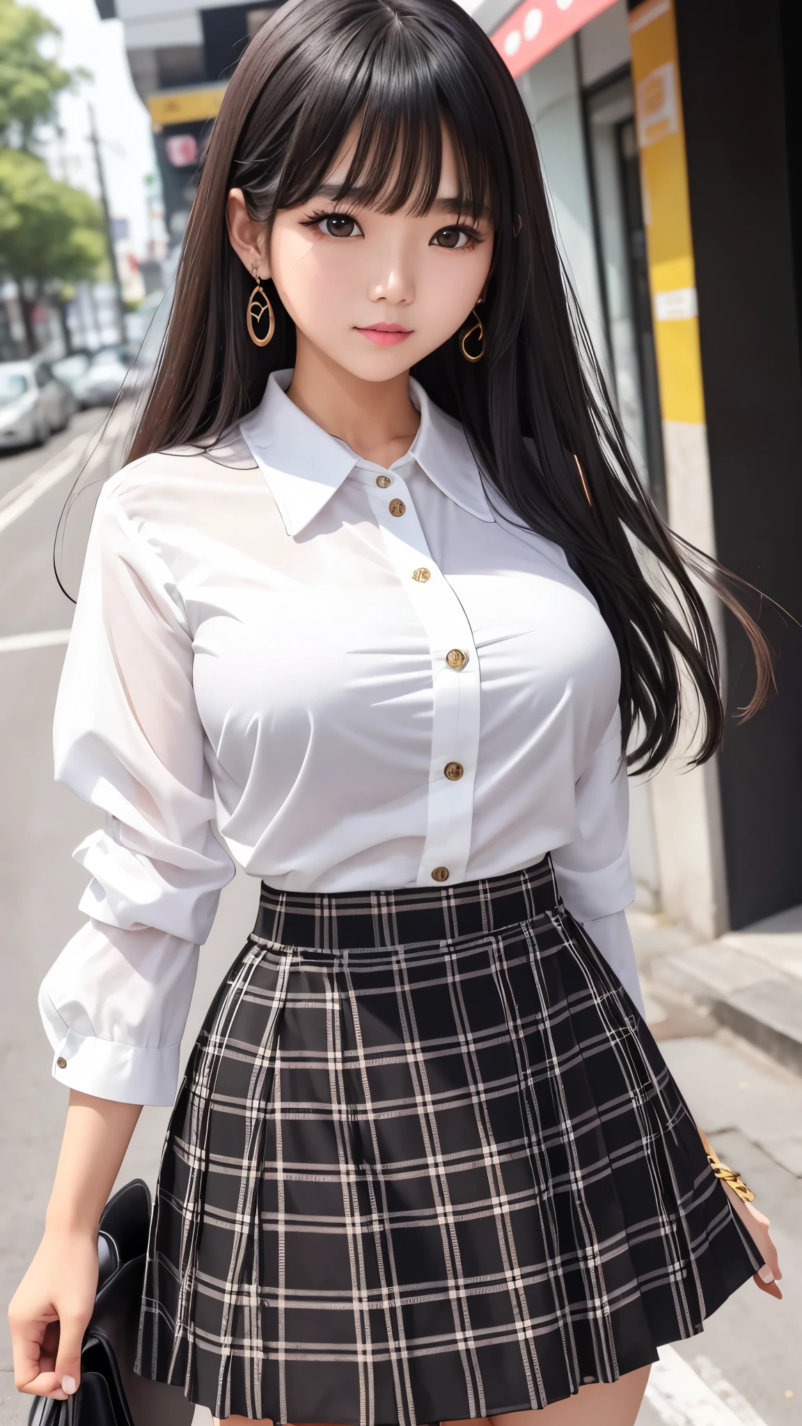Detailed face、highlight、Asian Girl、thigh、breast enhancement、Black Hair、Heavy bangs、Checkered Skirt、White blouse、