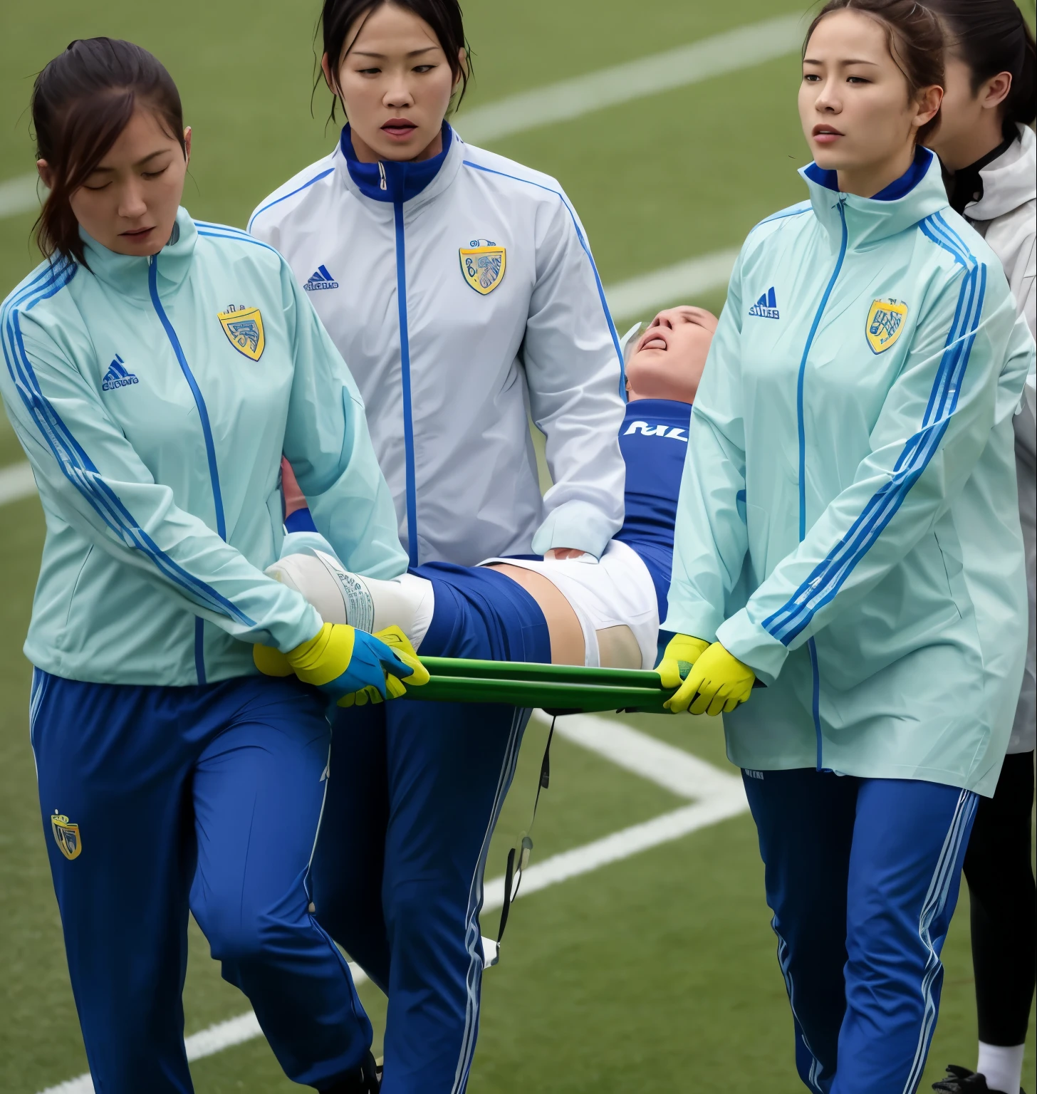 a soccer scene in a chinese sports stadium, rainy weather, wet ground, rainfall, injury scene in a sports stadium, stretcher carry, there are four female medics in wet raincoats who carrying a stretcher, there are four female medics in wet raincoats who are carrying a stretcher in a rainy sports stadium, there is a wounded male soccer player in a matte short cotton sports outfit lying on the stretcher, an injured male soccer player is lying on his back on a stretcher and is rearing up in agony, a soccer player is rearing up in pain while lying on his back on a stretcher, dramatic scene, theatralic posing scene, dramatic pity scene, injury soccer, first aid, help, pity, there are four female medics in shiny raincoats who are looking very sad and very terrified and very shocked, the injured soccer player is screaming out in pain while he is carried from the pitch on a stetcher through the rain