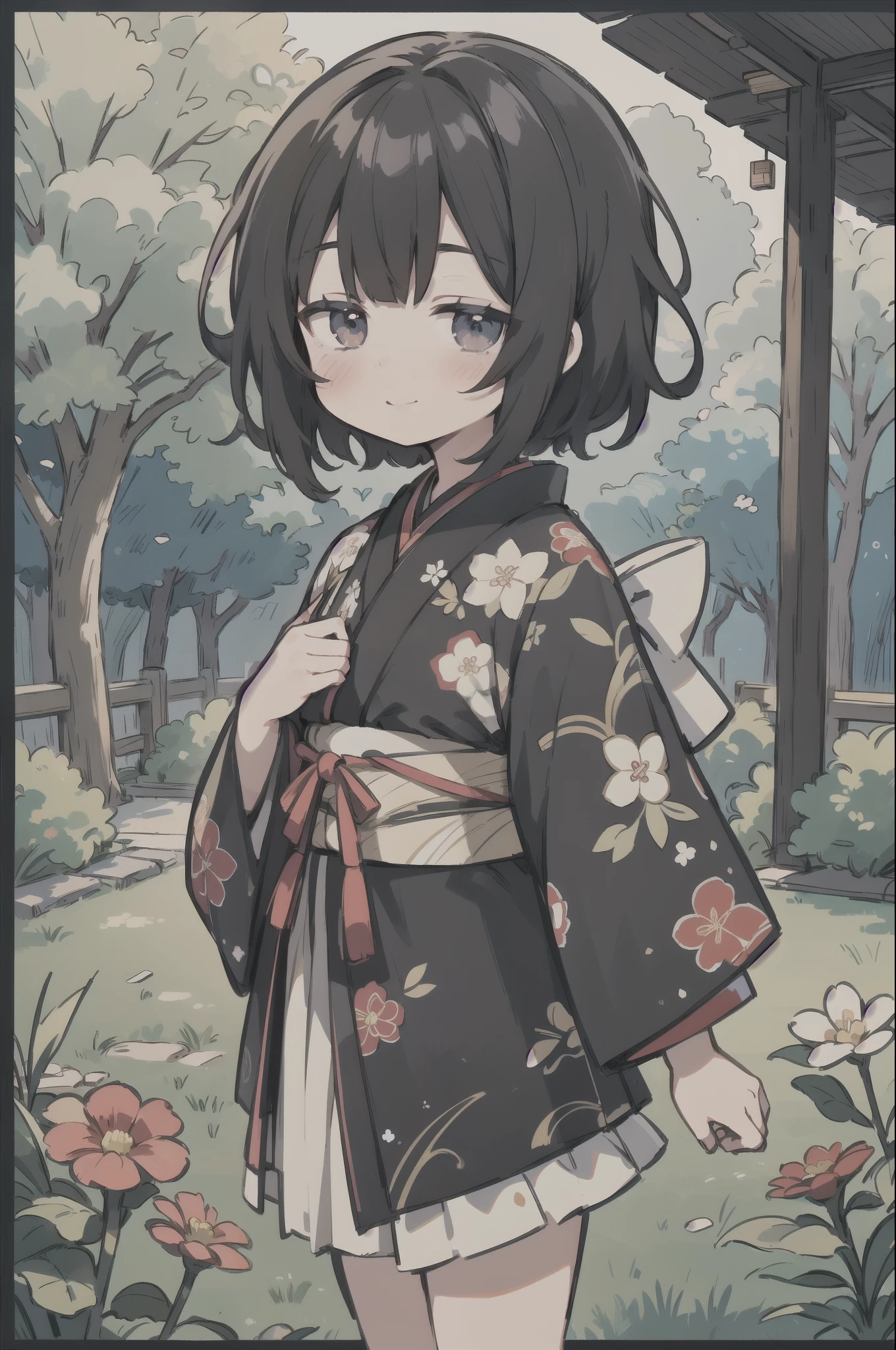 anime,throw,8k,CG,((masterpiece, highest quality, High resolution)),(((highest quality))),((Very detailed)),Beautiful details,In detail,CG, Japanese theme,Outdoor,garden,wood, (1 pretty girl) smile,black eye,Black Hair, Beautiful Eyes, Beautiful Hair, black,short hair,kimono
