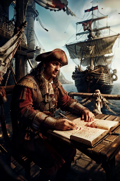 Cinematic style, Julius Caesar writing poetry on a pirate ship, ornate, details, blood, debris, realistic, photography, blurry background, softfocus, bokeh,