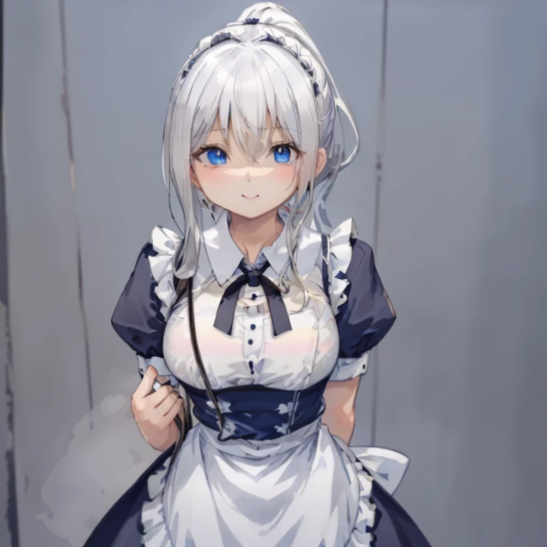 1 girl、Mature、Ample breasts、White Hair、Long Hair、ponytail、ハイponytail、hairpin、黒いMaid clothes、Blue Eyes、Sharp Eyes、Maid clothes、Short sleeve、Open-chested clothing、choker、Low Angle、Bust-up perspective、Upper Body、Angle from below、Rest your cheek on your hand、Suspicious smile、cool、High resolution、highest quality、