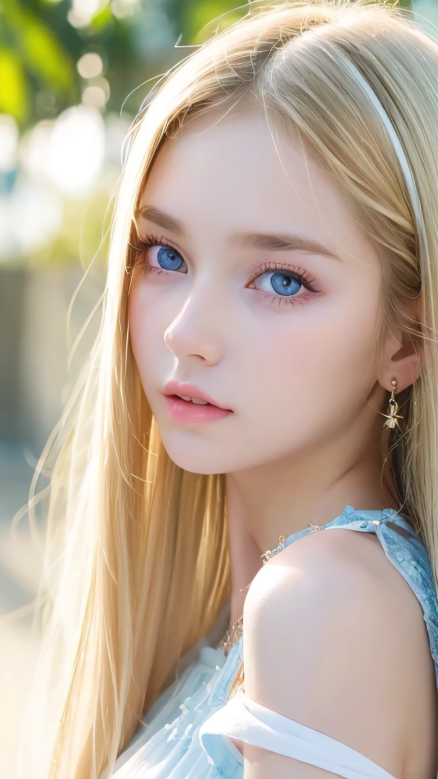 Shiny, Beautiful white skin、Hair color changes with light、Long bangs obstruct the view、Cheek gloss highlighter、Sexy and very beautiful, Ladylike, cute, Gorgeous face、The most beautiful face in the world、The most beautiful super long blonde hair in the world、Smooth, Straight Hair、Bright light blue eyes, lighting equipment、Beautiful pony、Beautiful 15 year old Swedish girl、Baby Face、Small Face Girl、Round face