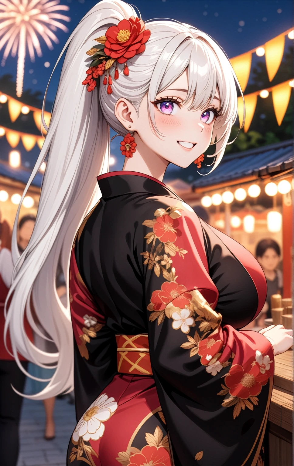 ((one personの女性)), Beautiful Face,Laughing embarrassedly,Laughing with your mouth open,Bright red cheeks,Glossy pink lips,night,Festival stalls on the riverbank,firework,((Anime style background)),masterpiece, highest quality, so beautiful, Latest, Complex details, (Pink long nails),AI-generated, Complex,High resolution, highest quality, super high quality,3D Images、View your viewers、3D Images,one person,Long white hair,High Ponytail,blue eyes,Anime woman posing for a photo, ((Fine grain、Colorful eyes、Shining Eyes:1.1)),(Squint your eyes:1.1),a hyperRealistic , hyperRealistic , Realistic,Anime woman with long and white hair, Smooth anime CG art, A woman in a colorful kimono with gold embroidery, (Black kimono),Red floral pattern,Long flower hair ornament,Big earrings,,Mature Body,(Big Breasts:1.0)Tall,Big Ass,Fine details,Narrow waist,(Face close-up:1.5),Bevel the background