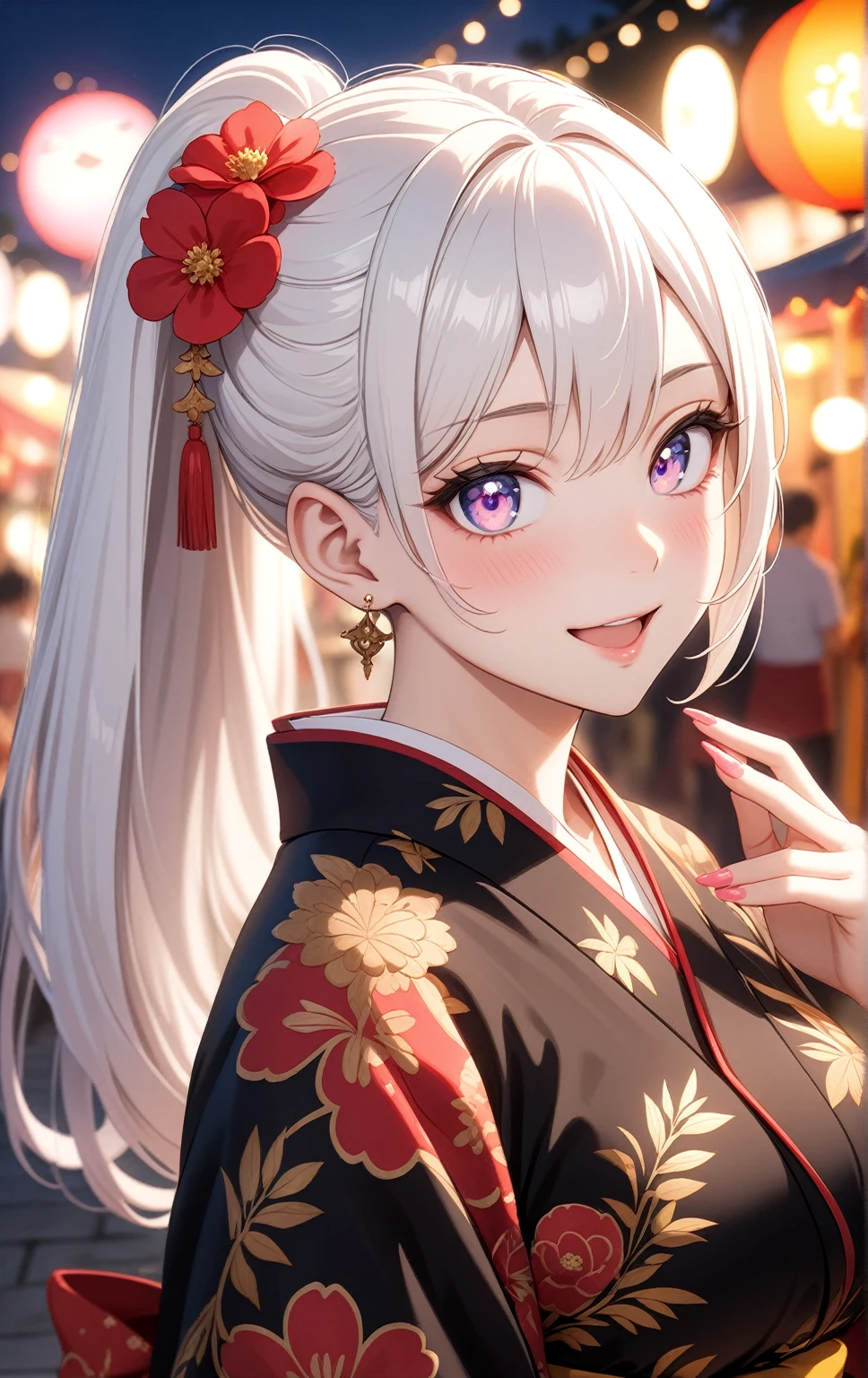 ((one personの女性)), Beautiful Face,Laughing embarrassedly,Laughing with your mouth open,Bright red cheeks,Glossy pink lips,night,Festival stalls on the riverbank,firework,((Anime style background)),masterpiece, highest quality, so beautiful, Latest, Complex details, (Pink long nails),AI-generated, Complex,High resolution, highest quality, super high quality,3D Images、View your viewers、3D Images,one person,Long white hair,High Ponytail,blue eyes,Anime woman posing for a photo, ((Fine grain、Colorful eyes、Shining Eyes:1.1)),(Squint your eyes:1.1),a hyperRealistic , hyperRealistic , Realistic,Anime woman with long and white hair, Smooth anime CG art, A woman in a colorful kimono with gold embroidery, (Black kimono),Red floral pattern,Long flower hair ornament,Big earrings,,Mature Body,(Big Breasts:1.0)Tall,Big Ass,Fine details,Narrow waist,(Face close-up:1.5),Bevel the background