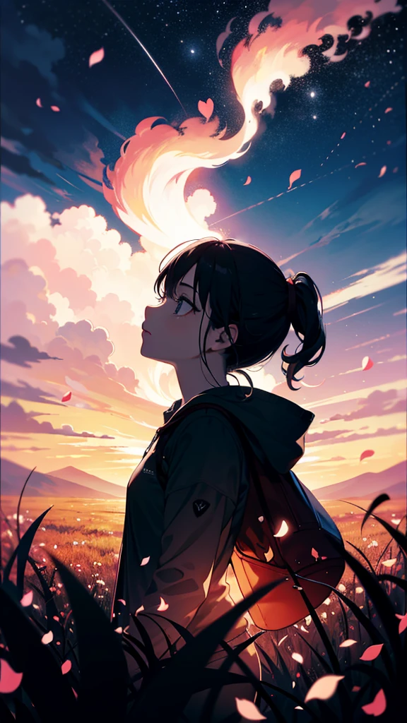 1girl, (from side), (silhouette:1.2), profile, masterpiece, best quality, light particle, depth of field, field, scenery, fantasy, marroon light, (far away:1.1), pastel colors, chromatic aberration abuse, glow in the dark dark, cloudy sky, space, black aura, aura, cinematic, dark atmosphere, night, dark hole, glowing eyes, pink light, illumination, light rays, eye in the sky, (grass:0.9), falling petals