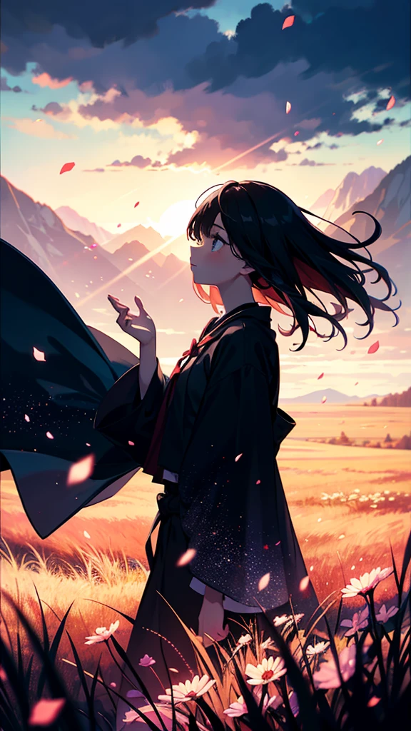1girl, (from side), (silhouette:1.2), profile, masterpiece, best quality, light particle, depth of field, field, scenery, fantasy, marroon light, (far away:1.1), pastel colors, chromatic aberration abuse, glow in the dark dark, cloudy sky, space, black aura, aura, cinematic, dark atmosphere, night, dark hole, glowing eyes, pink light, illumination, light rays, eye in the sky, (grass:0.9), falling petals