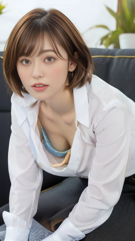 (masterpiece:1.3), (8k, Photorealistic, RAW Photos, Best image quality: 1.4), Japanese, (1 girl), Beautiful Face, (A vivid face), (short hair:1.3), Beautiful Hairstyles, Realistic eyes, Beautiful Eyes, (Realistic Skin), Beautiful Skin, charm, 超A high resolution, Surreal, High detail, Golden Ratio, Detail Makeup,Seeing the viewer,Big Breasts、Sexy blouse、Business Pants、office、Trim pubic hair、((whole body))、(Looking this way、Turning his body towards me、front、forward leaning posture、munechira:1.3)、(The bra is slightly visible、Brasilia:1.3)、(White shirtを着ている、Round neck shirt、A shirt with a slightly open chest、White shirt:1.4)