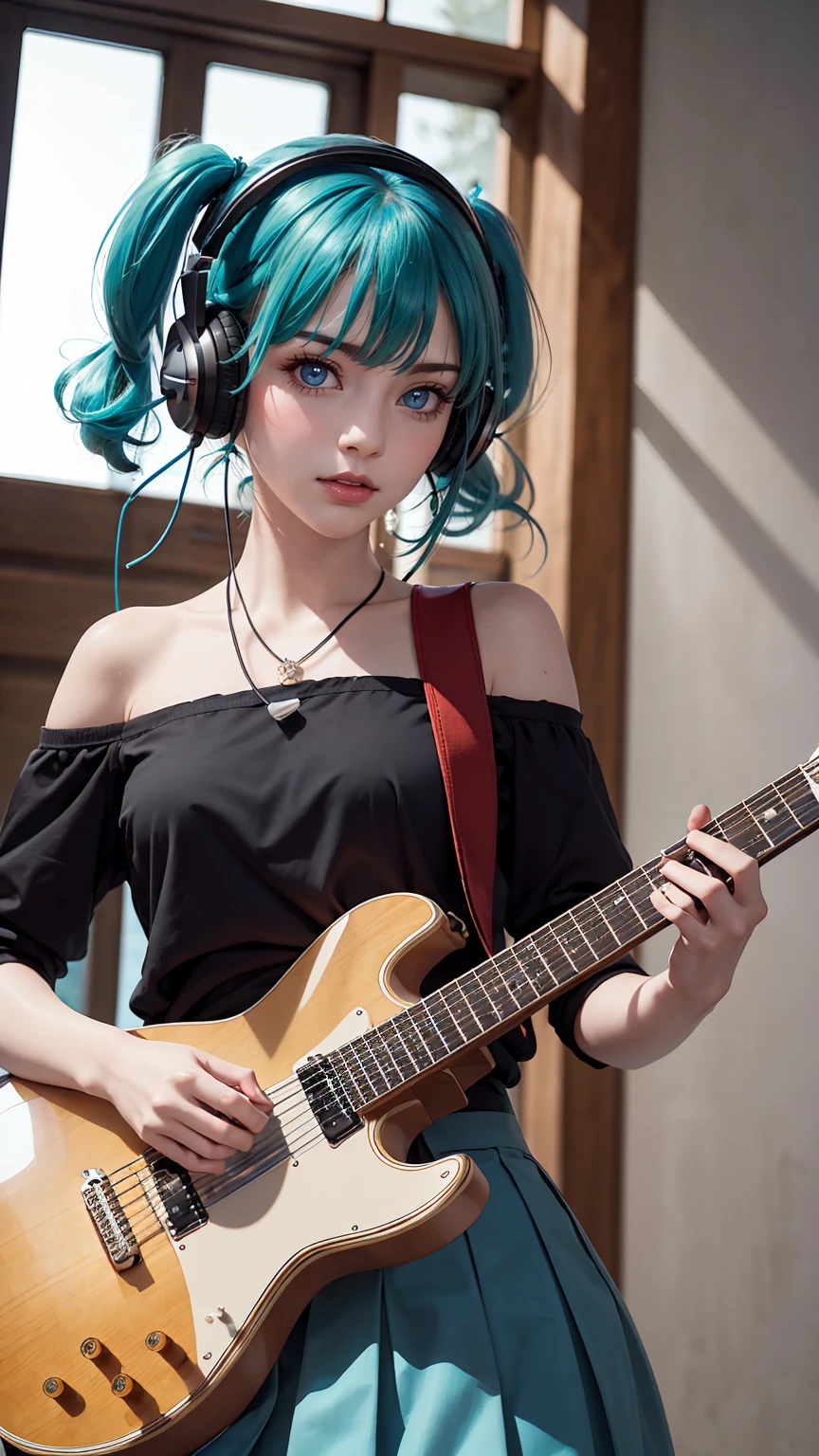 ((masterpiece, highest quality))One girl, alone, Black Dress, blue eyes, electric guitar, guitar, Headphones, Double Ponytail, Holding, Holding plectrum, musical instrument, Long Hair, music, One side up, Turquoise Hair, Twin tails, guitarを弾く, Pleated skirt, Black Shirt, interior