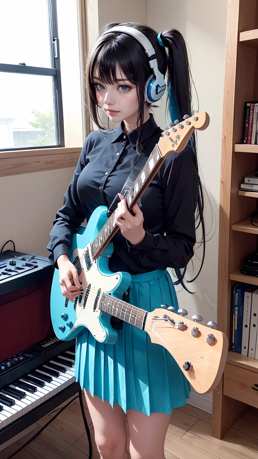 ((masterpiece, highest quality))One girl, alone, Black Dress, blue eyes, electric guitar, guitar, Headphones, Double Ponytail, Holding, Holding plectrum, musical instrument, Long Hair, music, One side up, Turquoise Hair, Twin tails, guitarを弾く, Pleated skirt, Black Shirt, interior