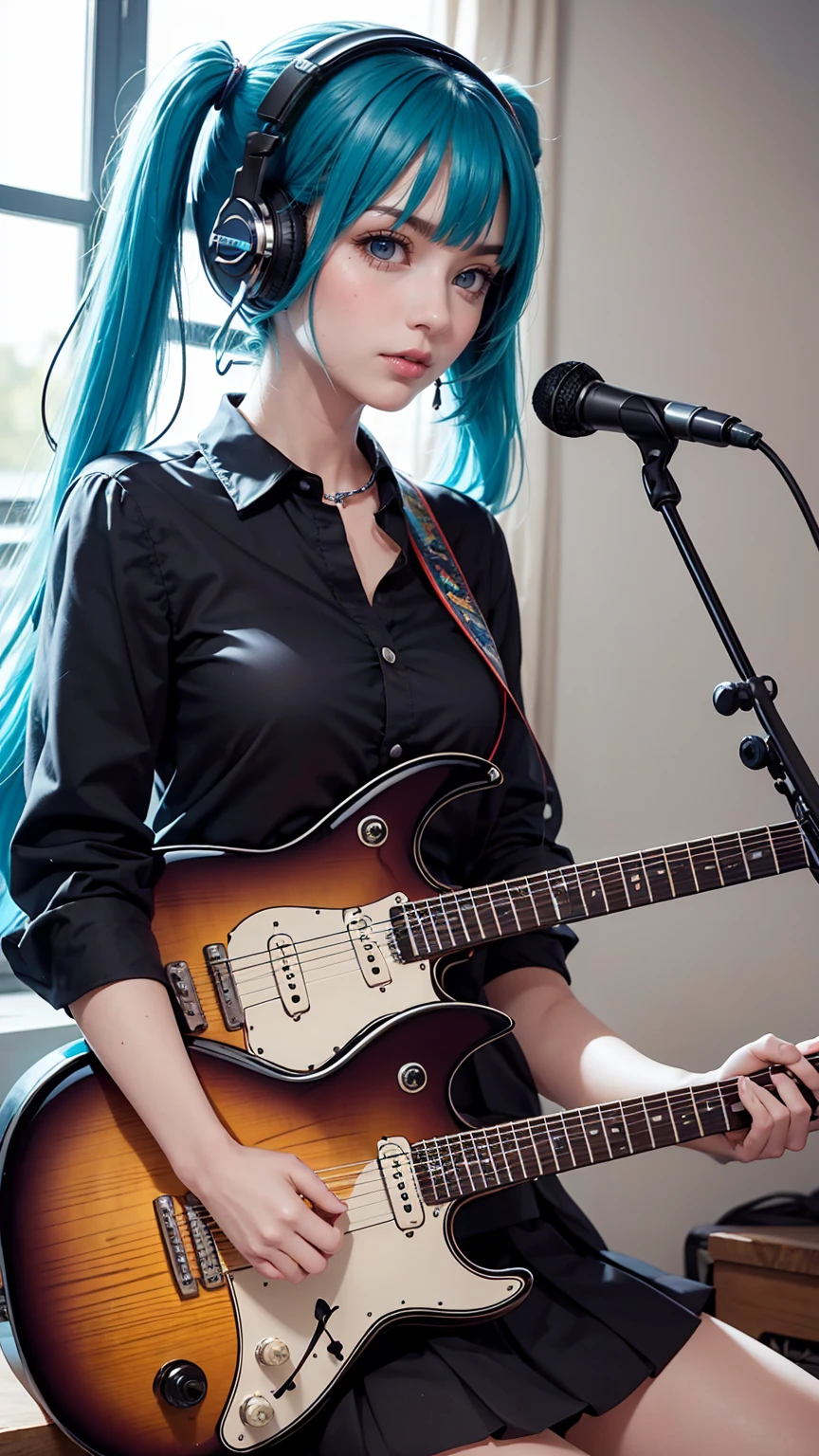 ((masterpiece, highest quality))One girl, alone, Black Dress, blue eyes, electric guitar, guitar, Headphones, Double Ponytail, Holding, Holding plectrum, musical instrument, Long Hair, music, One side up, Turquoise Hair, Twin tails, guitarを弾く, Pleated skirt, Black Shirt, interior