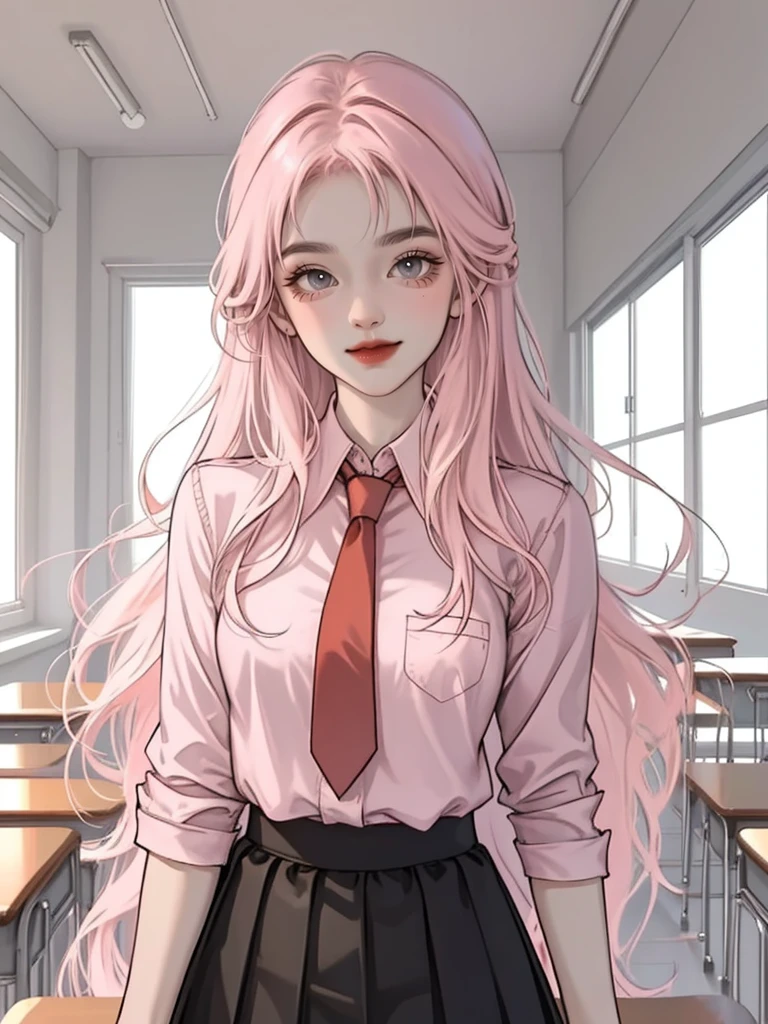 (masterpiece,best quality,1girl,pink long hair, wearing a ,red tie,black skirt, ,standing, classroom,smile