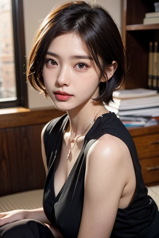 ((Beautiful Japanese Women)),Small breasts,, (8k, RAW Photos, highest quality, masterpiece:1.2),(Realistic, photo-Realistic:1.37),Very delicate and beautiful,8k,In detail,Beautiful details,highest quality,Ultra-high resolution,((Very detailed)),(photo-Realistic:1.37),(((short hair)))、((Mole on the corner of the eye))、(Thin eyebrows)、((double eyelid))、((Tear bags))、Beautiful body、Fine skin、Beautiful neckline、((Office Shirt))、((Black Skirt))、necklace