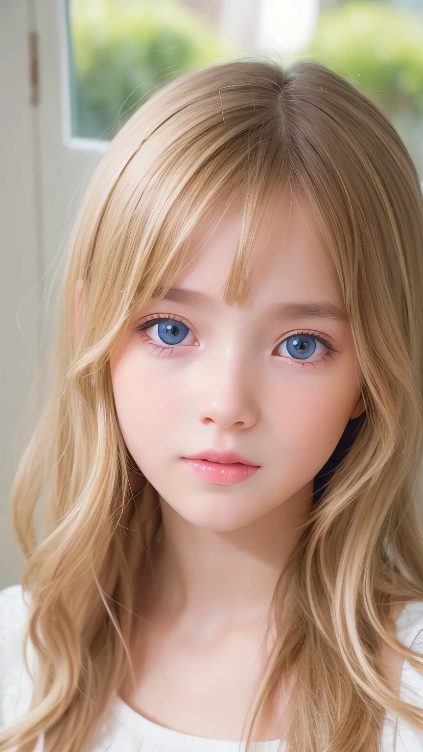 Shiny, Beautiful white skin、Hair color changes with light、Long bangs obstruct the view、Cheek gloss highlighter、Sexy and very beautiful, Ladylike, cute, Gorgeous face、The most beautiful face in the world、The most beautiful super long blonde hair in the world、Smooth, Straight Hair、Bright light blue eyes, lighting equipment、Beautiful pony、Beautiful 15 year old Swedish girl、Baby Face、Small Face Girl、Round face